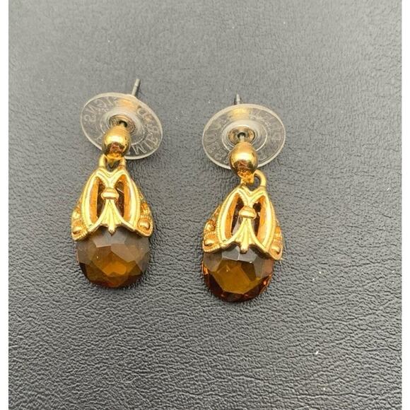 Premier Designs Gold Tone And Faux Faceted Amber Dangle Pierced Earrings - Picture 1 of 4